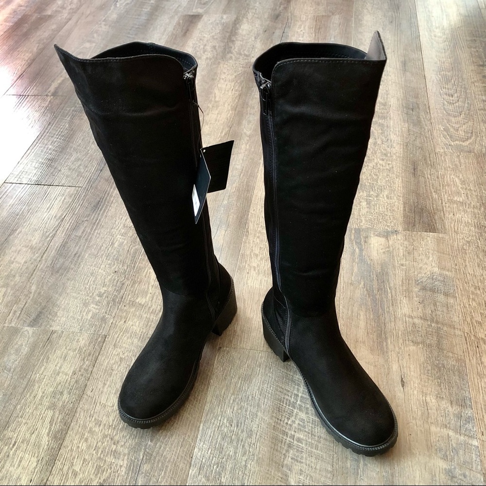 Black Faux Suede Knee Boots - Picture 2 of 9